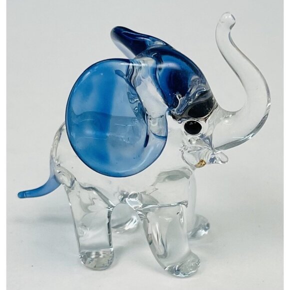 VTG Miniature 2" Handblown Glass Clear & Blue ELEPHANT Figurine Trunk Raised EUC - Picture 2 of 5